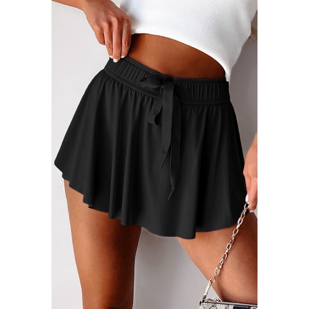 Black Drawstring High Waist Lined Tennis Skort